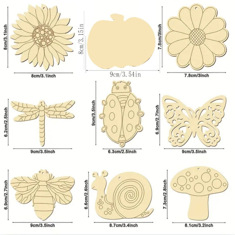 DIY wooden garden craft decorations set of 4, shapes laid out for painting