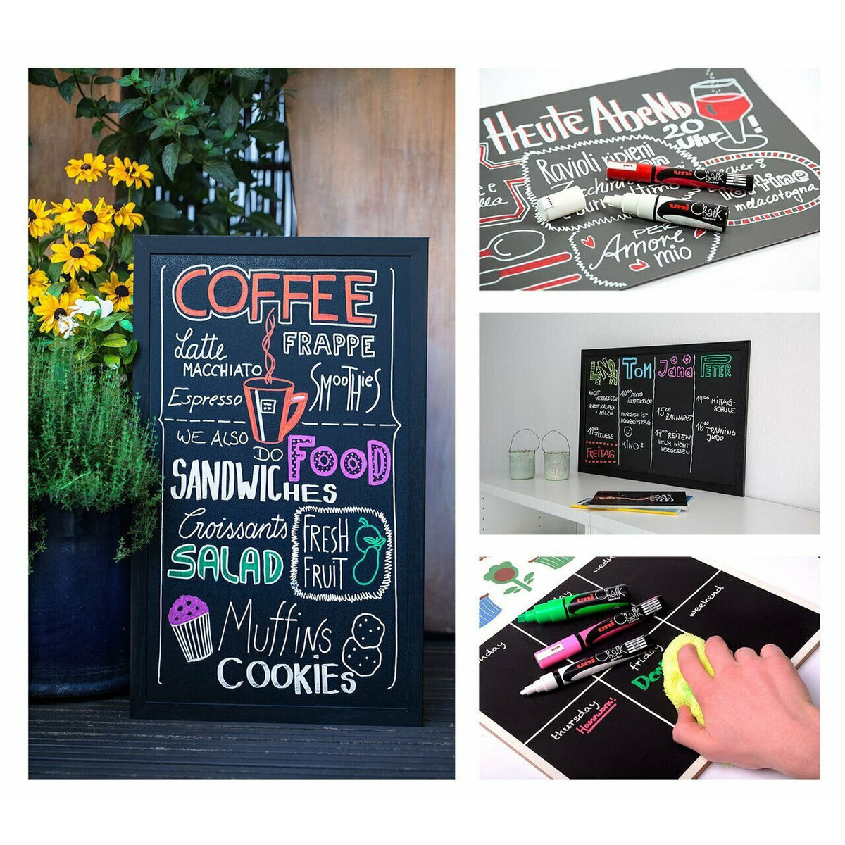 uni Liquid Chalk Marker chisel tip lettering on cafe signage and blackboard menus