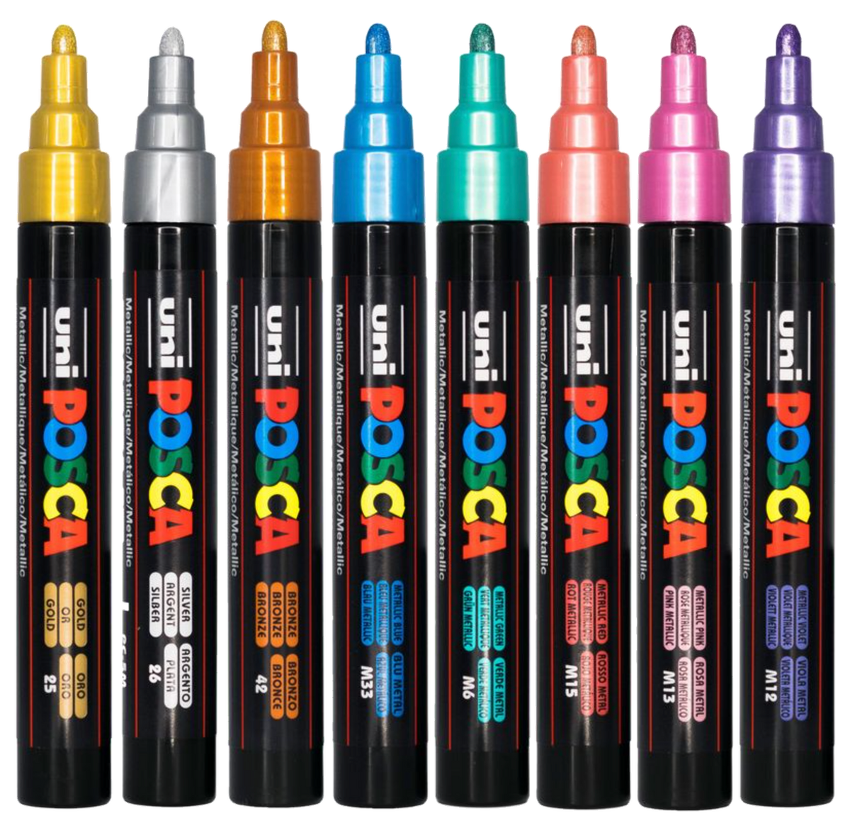 POSCA PC-5M metallic markers uncapped in gold, silver, red, blue, green, pink, violet and copper
