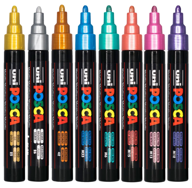POSCA PC-5M metallic markers uncapped in gold, silver, red, blue, green, pink, violet and copper