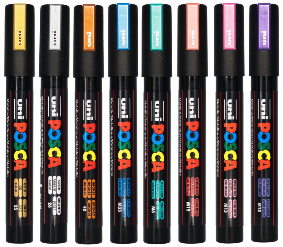 POSCA PC-5M metallic markers lined up with caps on