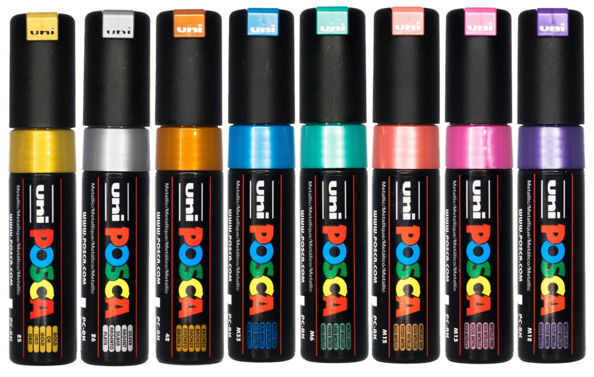 The eight capped POSCA PC-8K metallic markers, gold, silver, red, blue, green, pink, violet and bronze