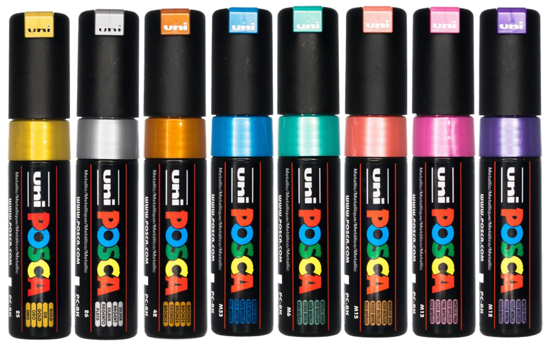 The eight capped POSCA PC-8K metallic markers, gold, silver, red, blue, green, pink, violet and bronze