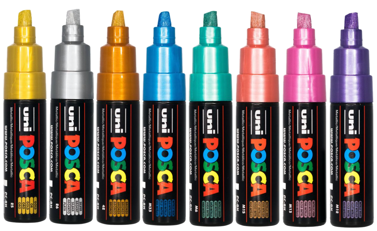 The eight POSCA PC-8K metallic markers uncapped showing the chisel tips