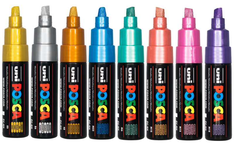 The eight POSCA PC-8K metallic markers uncapped showing the chisel tips