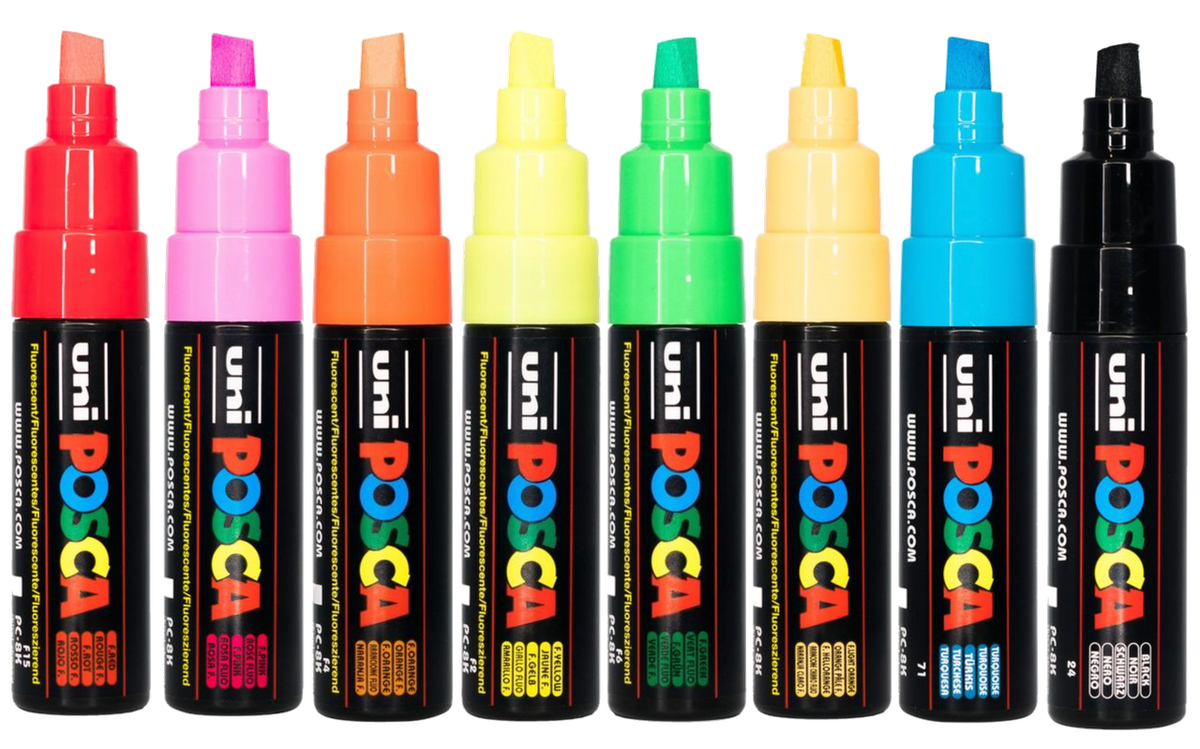 The eight POSCA PC-8K markers from the fluorescent wallet uncapped in a row