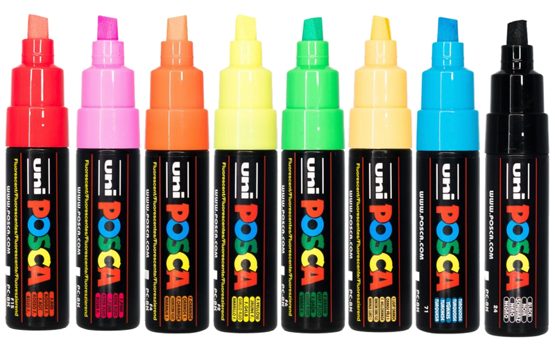 The eight POSCA PC-8K markers from the fluorescent wallet uncapped in a row