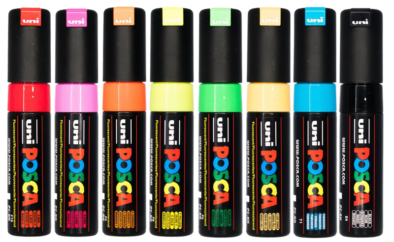 POSCA PC-8K fluorescent wallet of 8 chisel tip paint markers in packaging