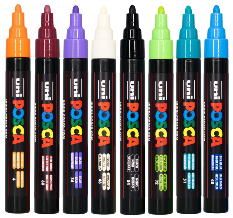 POSCA PC-5M Indigenous Modern tones markers uncapped showing the eight bright colours