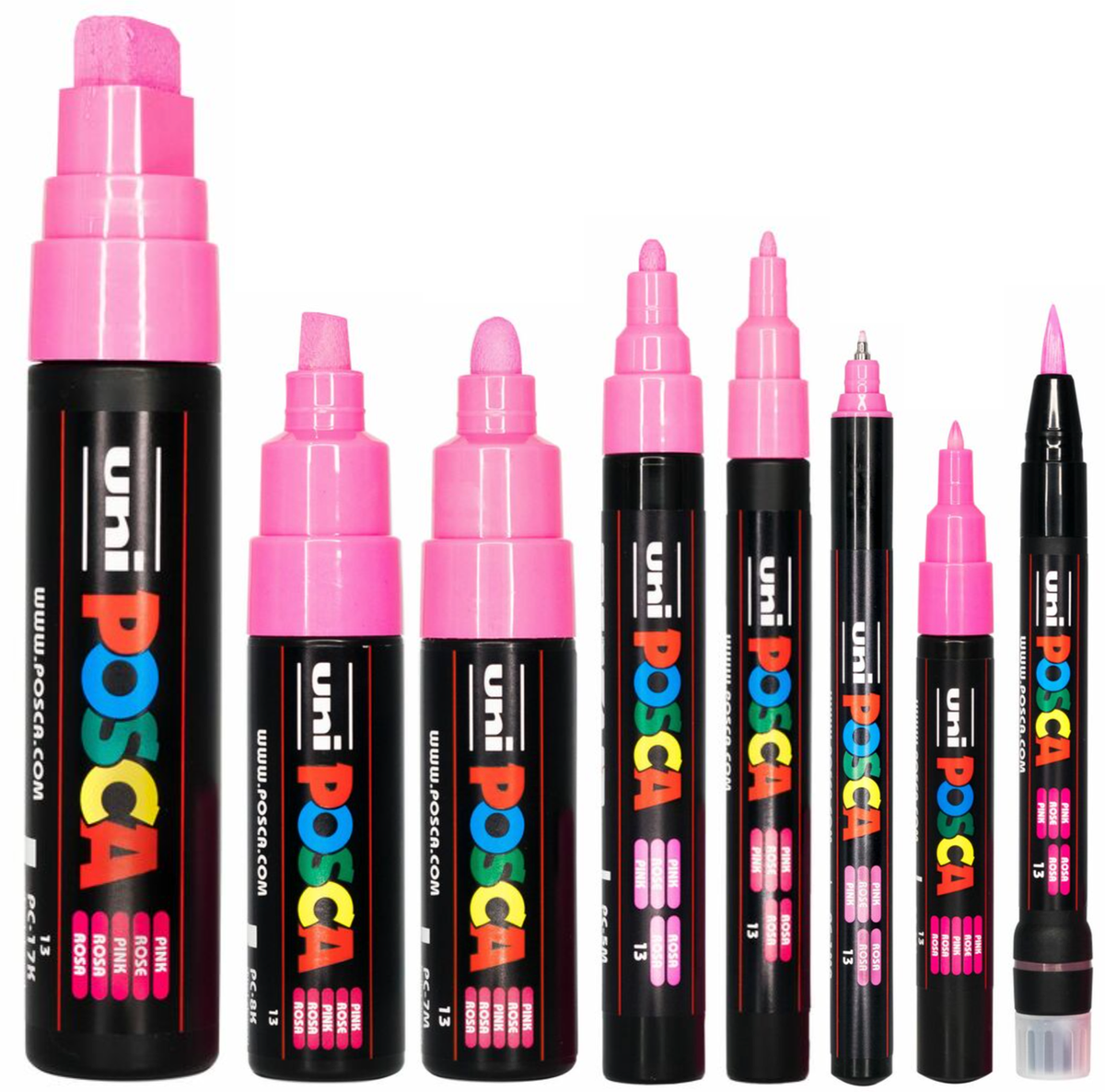 POSCA pink marker set of 8 tip sizes standing upright from broad chisel to ultra fine