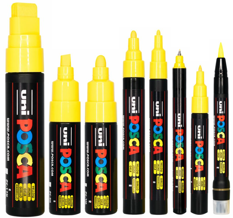 POSCA yellow marker set of 8 tip sizes arranged from broad chisel to ultra fine and brush