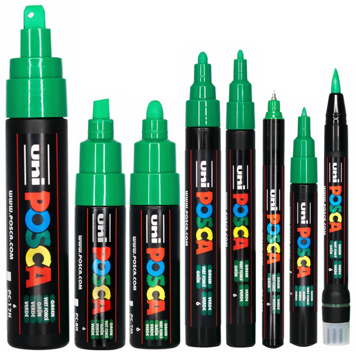 POSCA green marker set of 8 tip sizes standing upright from broad to ultra fine