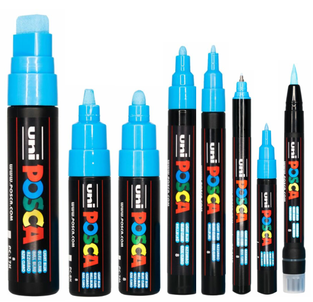 POSCA light blue marker set of 8 tip sizes displayed in size order