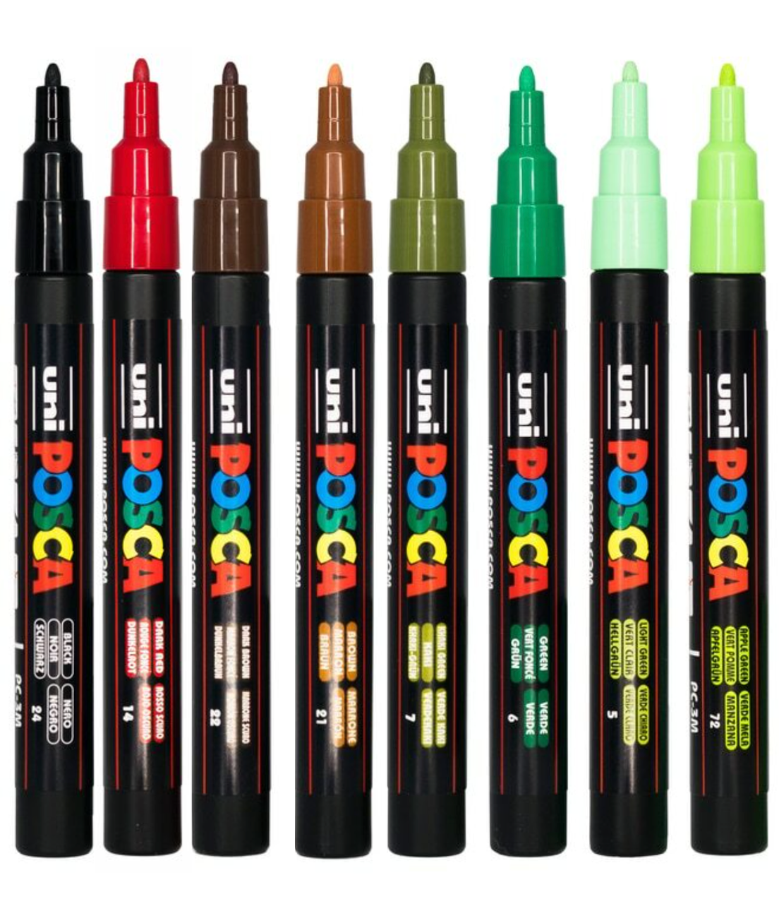 Eight POSCA PC-3M wood tone markers in browns, greens and neutrals