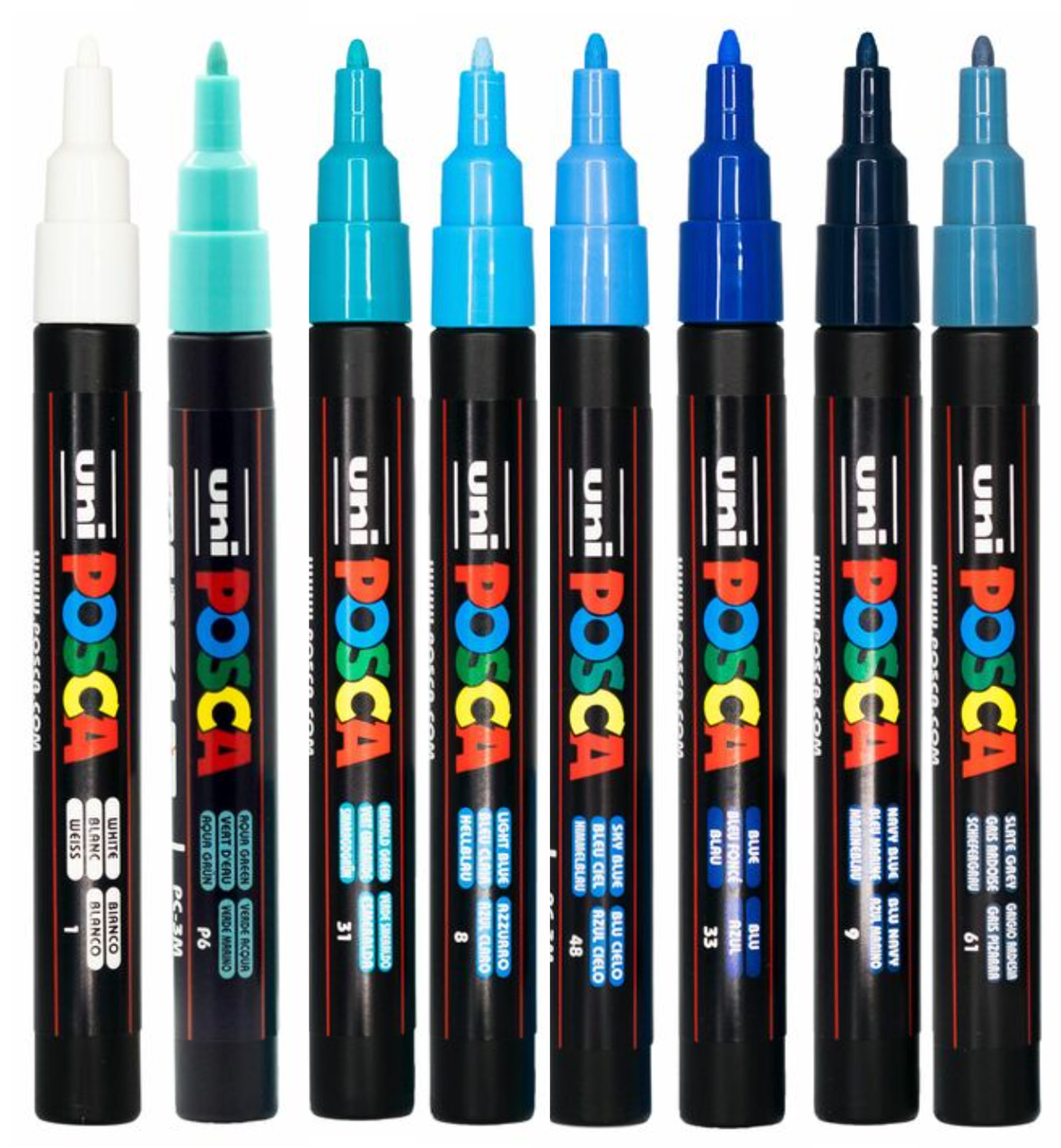 Eight POSCA PC-3M water tone markers in blue, seafoam and teal