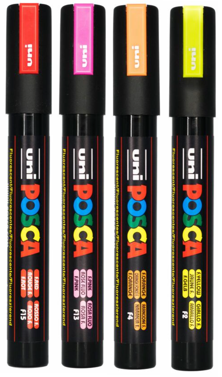 POSCA PC-5M fluorescent markers with caps off in pink, orange, yellow and red