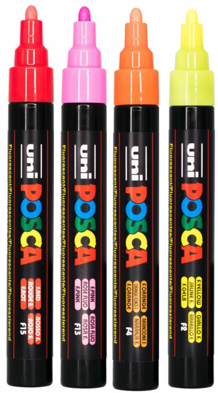 Four POSCA PC-5M fluorescent markers on a white background