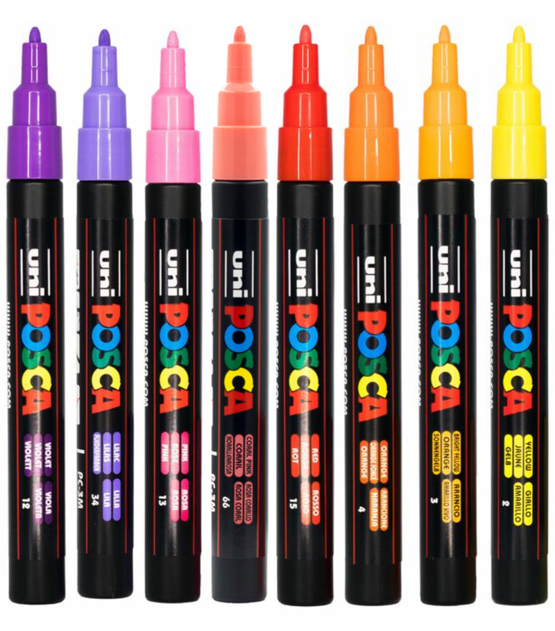 Eight POSCA PC-3M fire tone markers in reds, oranges, golds and violet