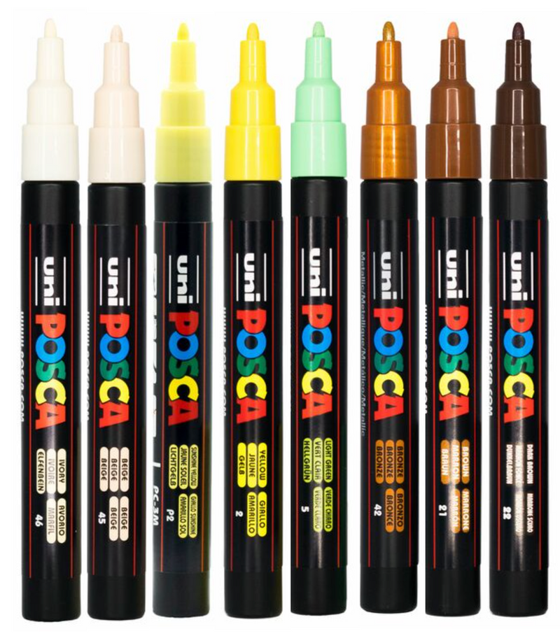 Eight POSCA PC-3M earth tone markers in beige, brown, olive and cream