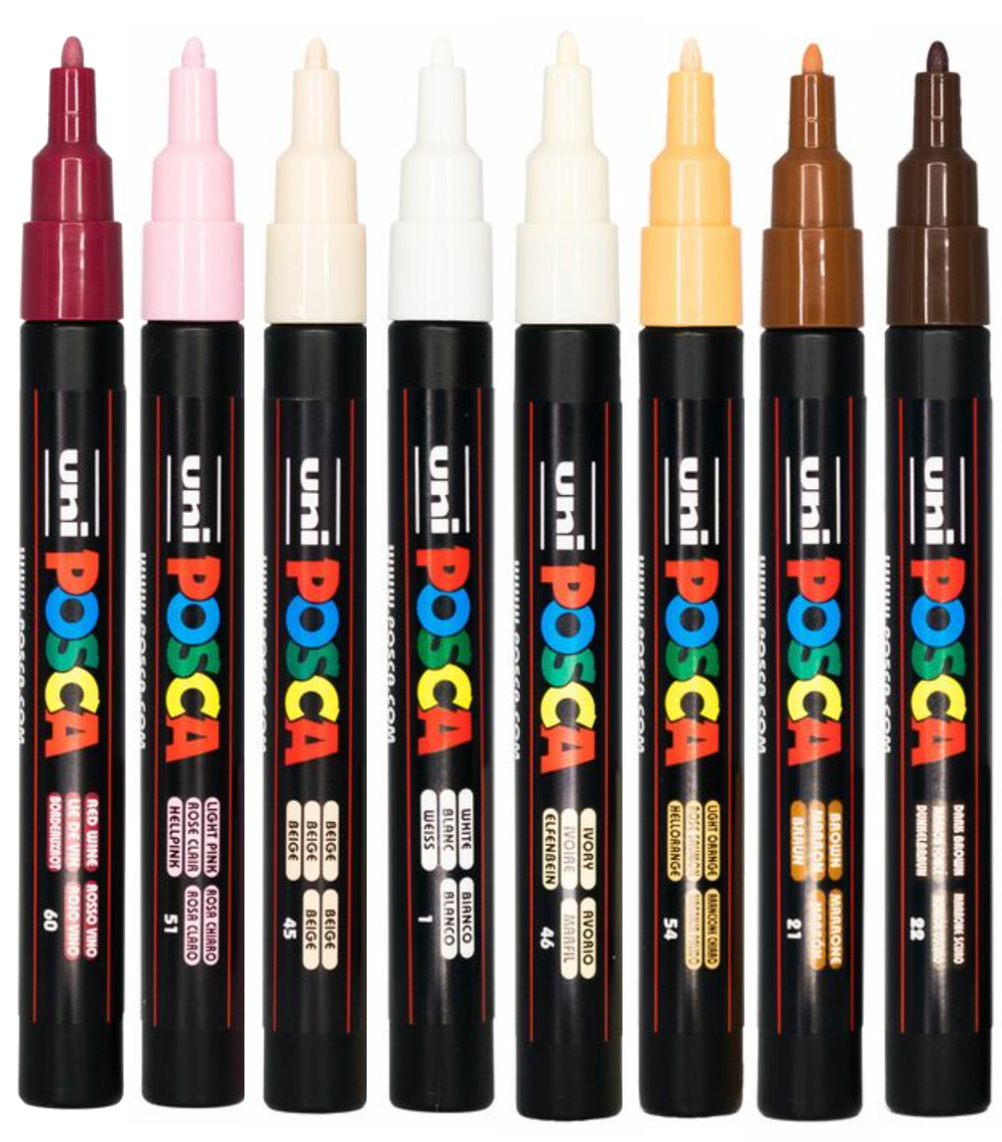 Eight POSCA PC-3M warm neutral markers in cream, tan and rose shades