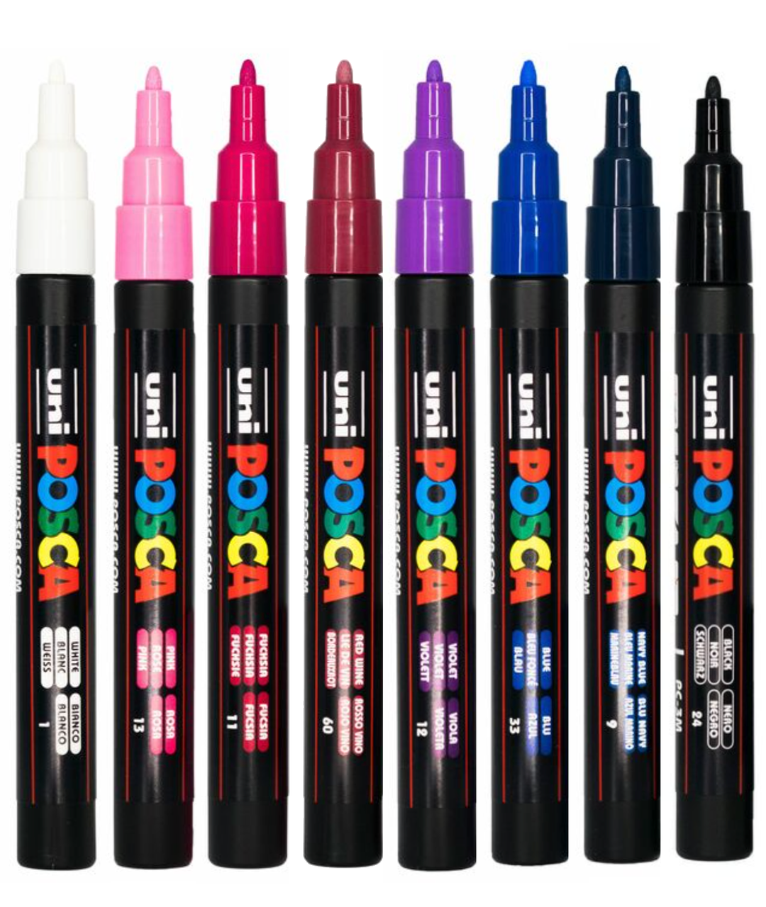 Eight POSCA PC-3M midnight tone markers in purples, blues and black