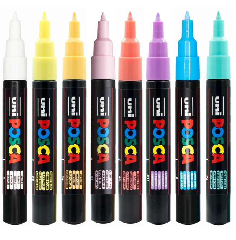 The eight POSCA PC-1M pastel colours lined up with caps facing forward