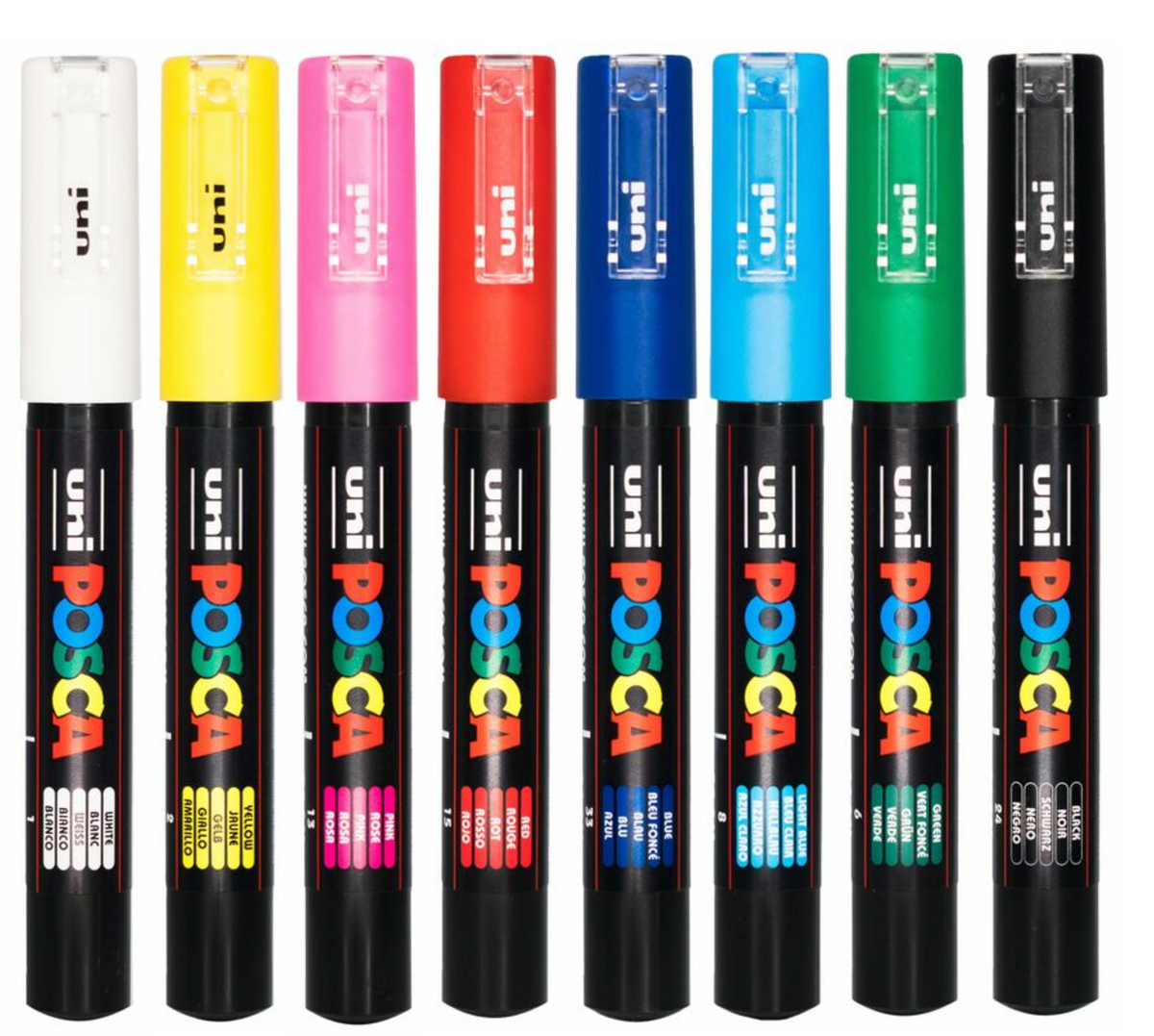 POSCA PC-1M markers with colour coded caps and labels