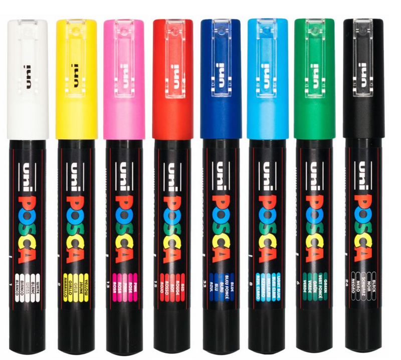 POSCA PC-1M markers with colour coded caps and labels