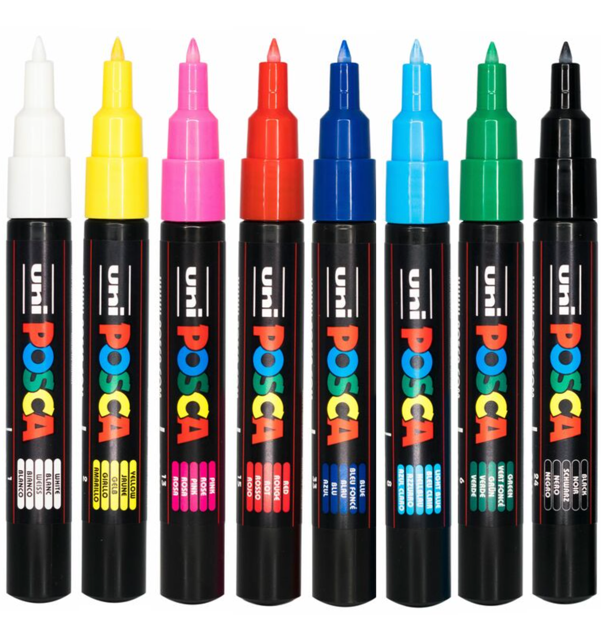 The eight POSCA PC-1M markers laid flat showing the colours