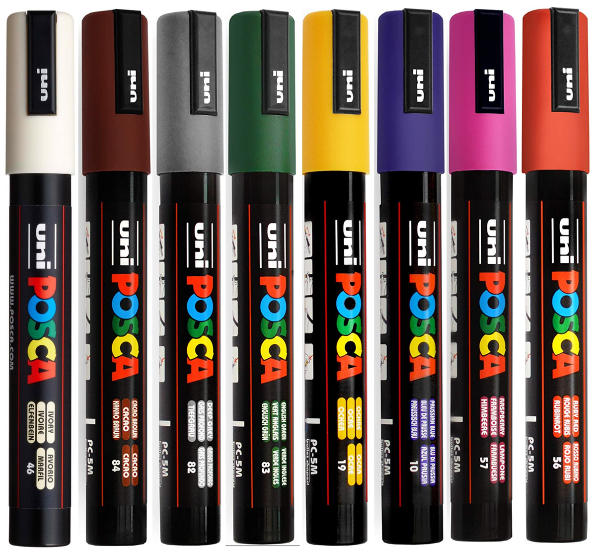 POSCA PC-5M dark colour markers standing upright showing the eight shades