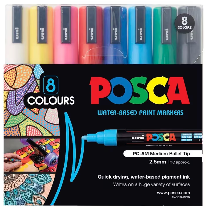 POSCA PC-5M assorted colours wallet of 8 in packaging
