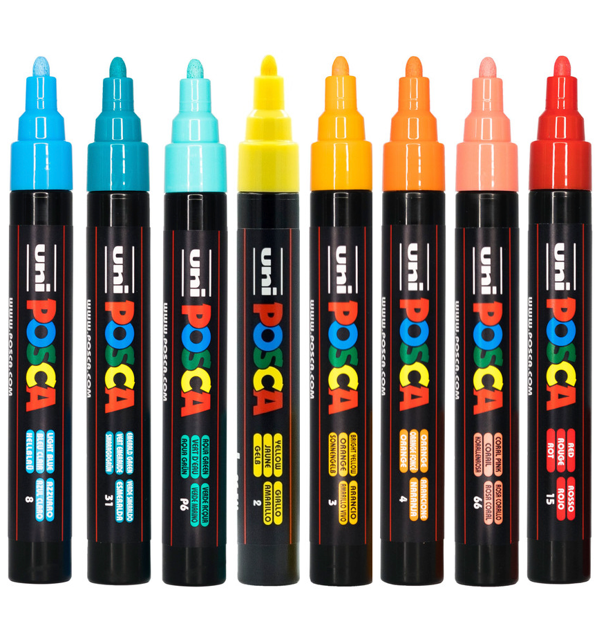 POSCA PC-5M summer tones markers with caps off showing the eight colours