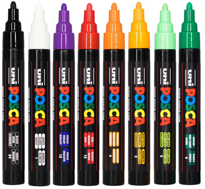 POSCA PC-5M Halloween tones markers with caps removed showing the bullet tips