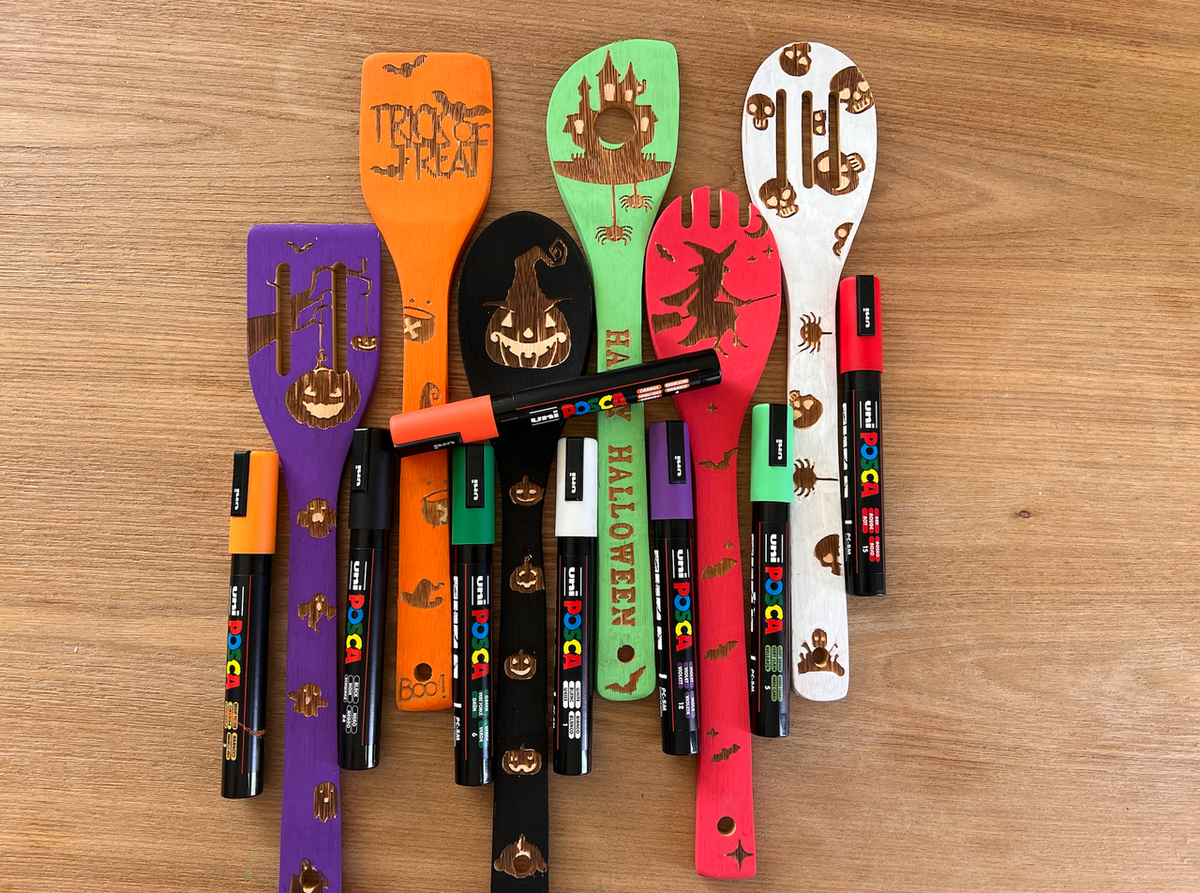 Bamboo spoons painted with Halloween faces using POSCA PC-5M Halloween tones