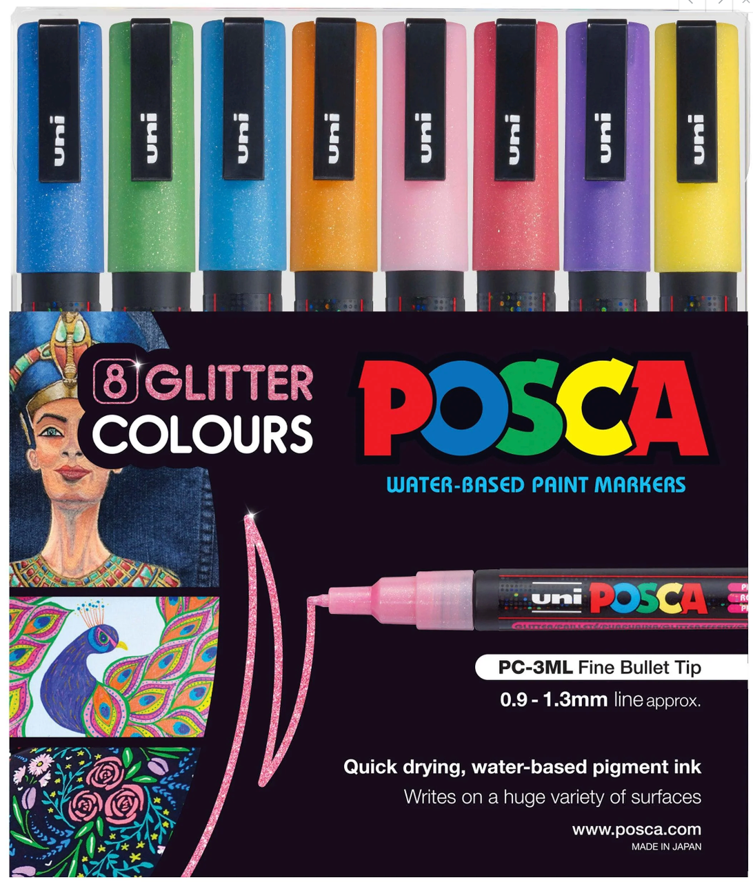 POSCA PC-3M glitter wallet of 8 in its packaging with sample artwork