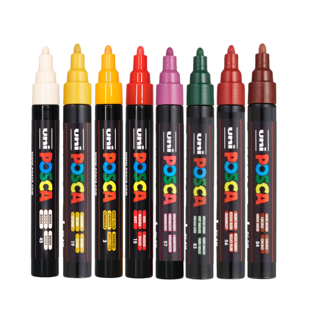 POSCA PC-5M autumn tone markers with caps removed showing the nibs