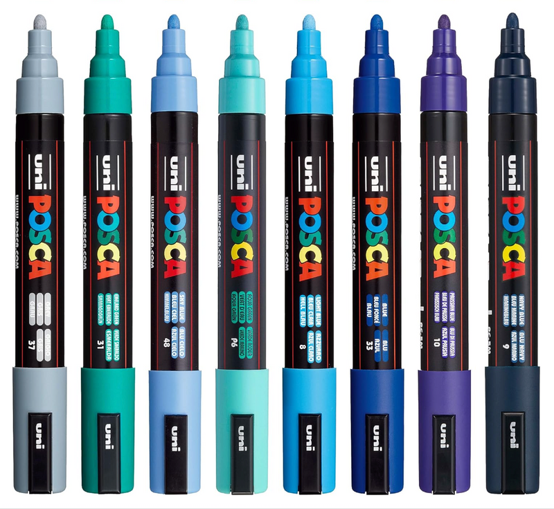 POSCA PC-5M cool tone markers standing upright showing caps and labels