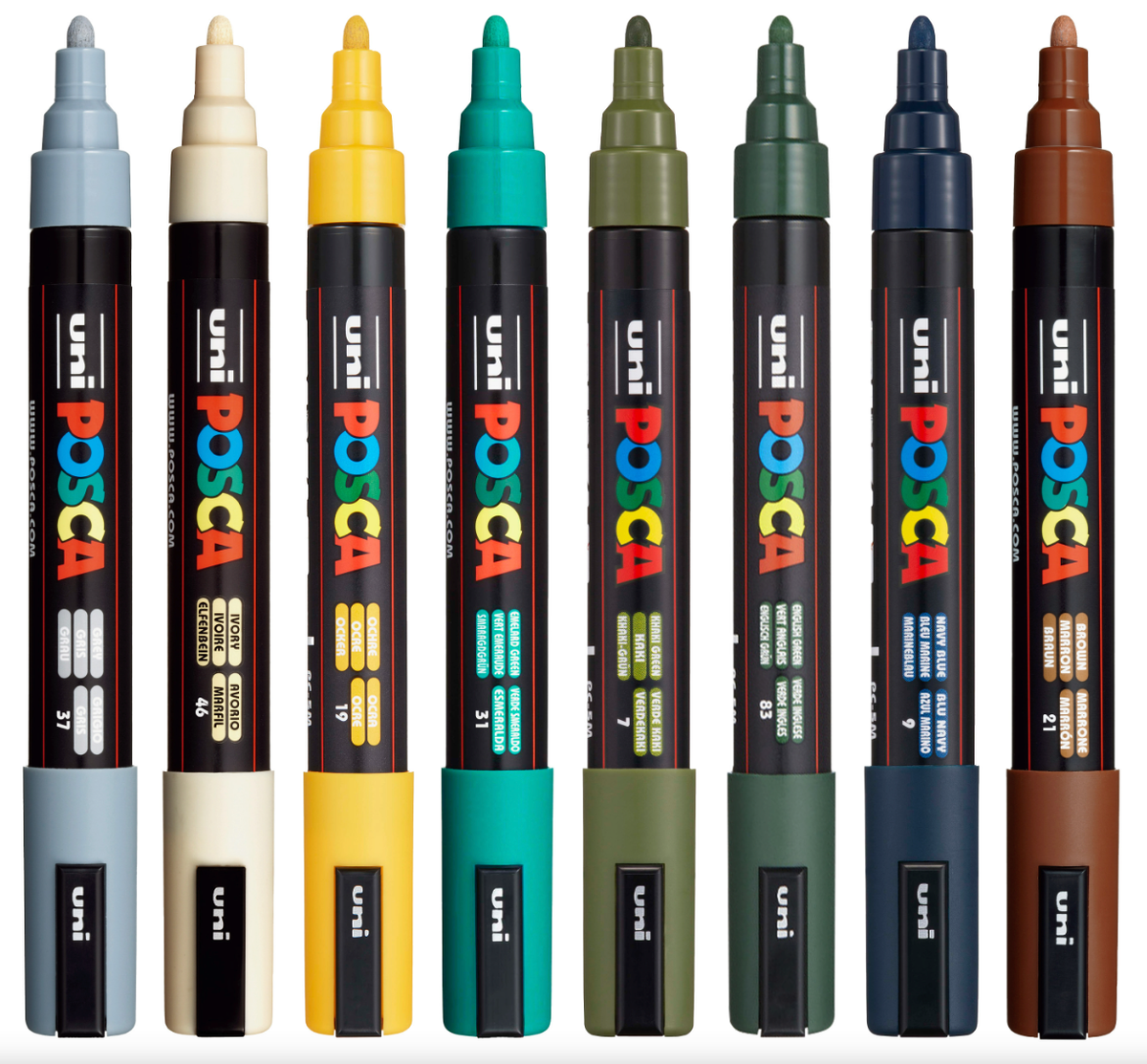 POSCA PC-5M earth tone markers lined up showing caps and colours