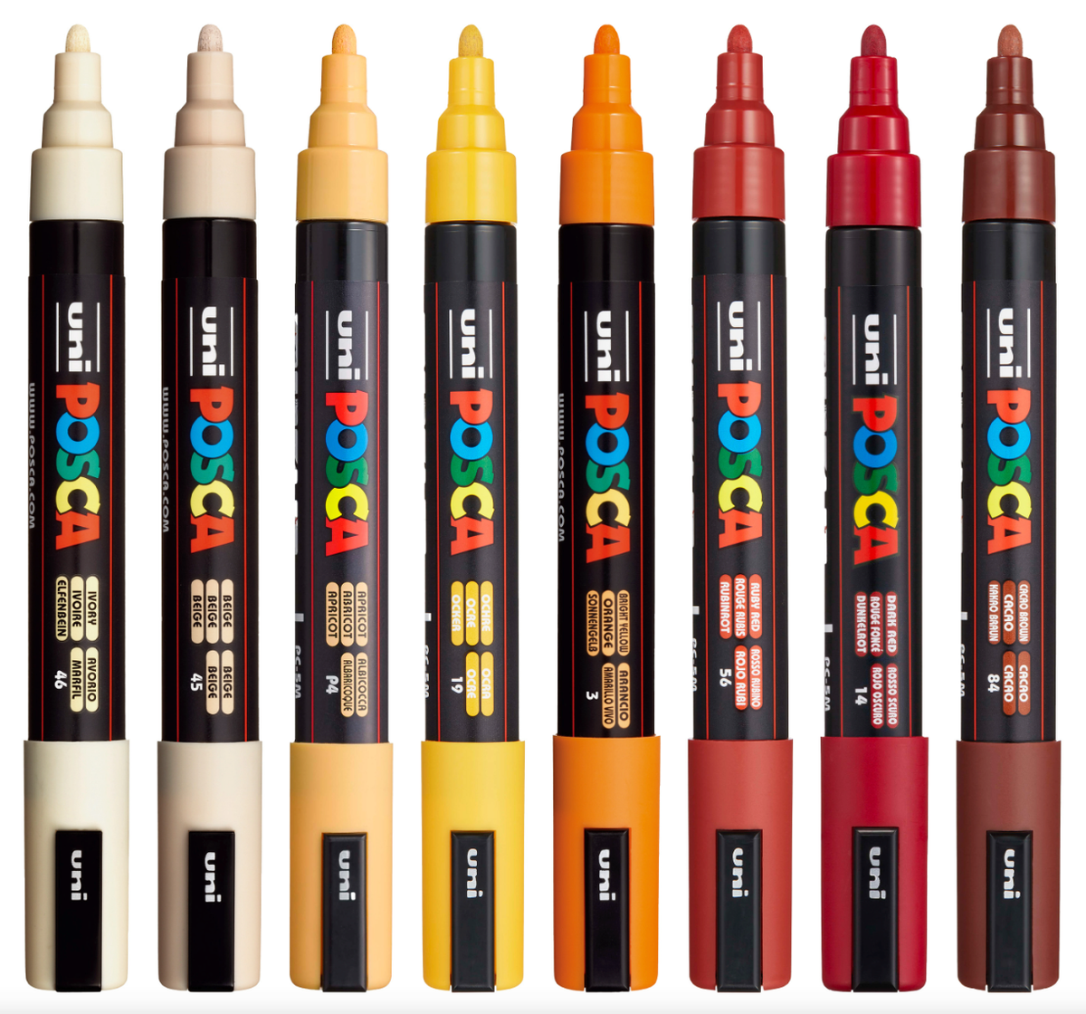 POSCA PC-5M warm colour markers with caps on showing the eight colours