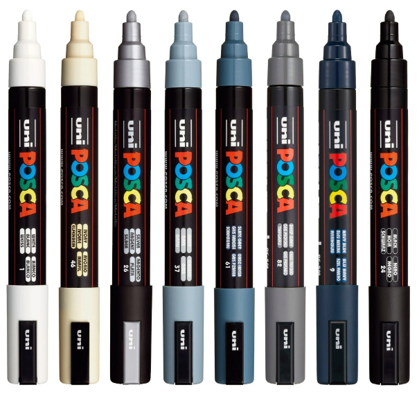 POSCA PC-5M monotone markers showing black, white and grey caps