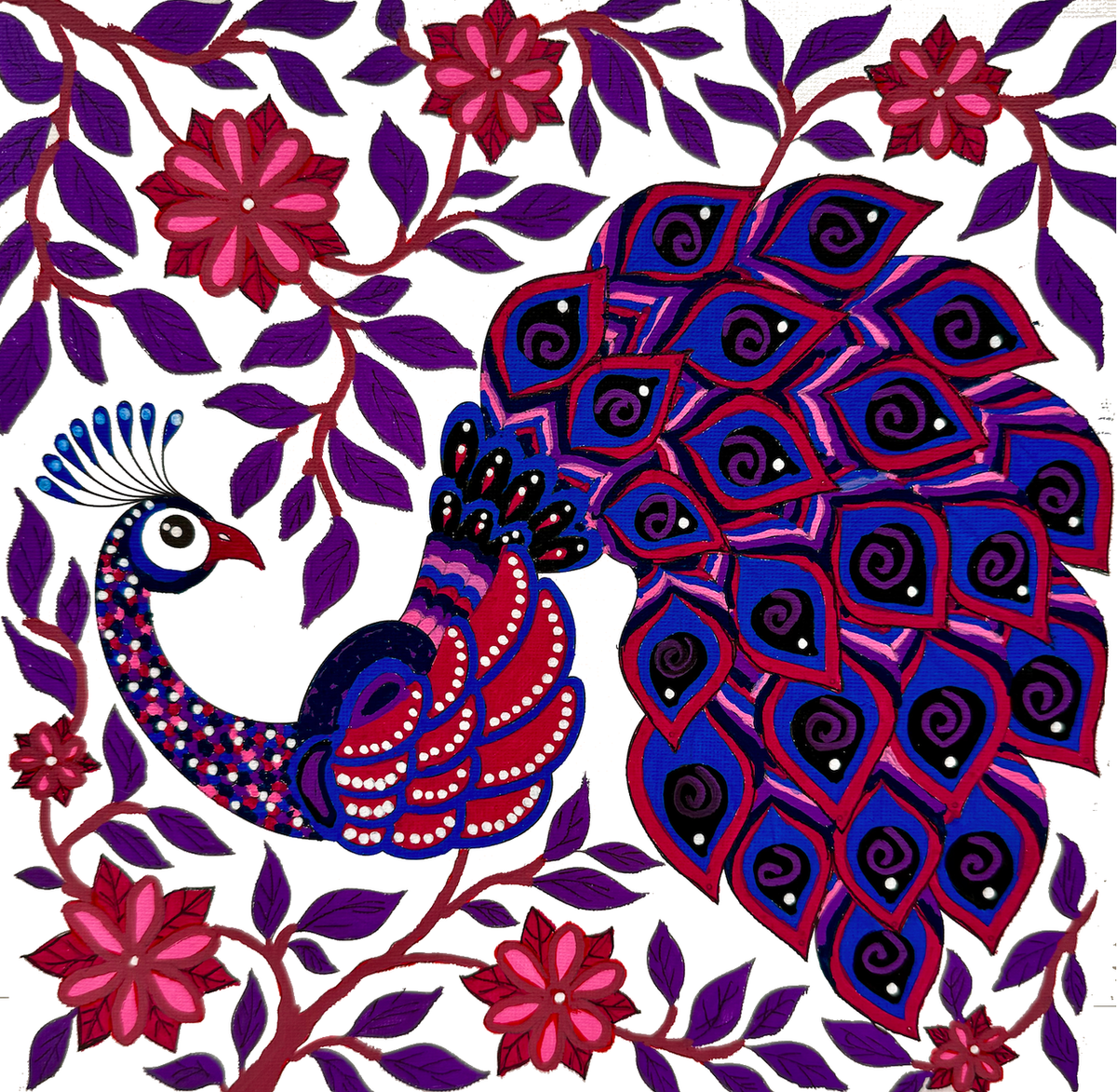 Peacock illustration on canvas drawn with POSCA PC-3M midnight tones markers