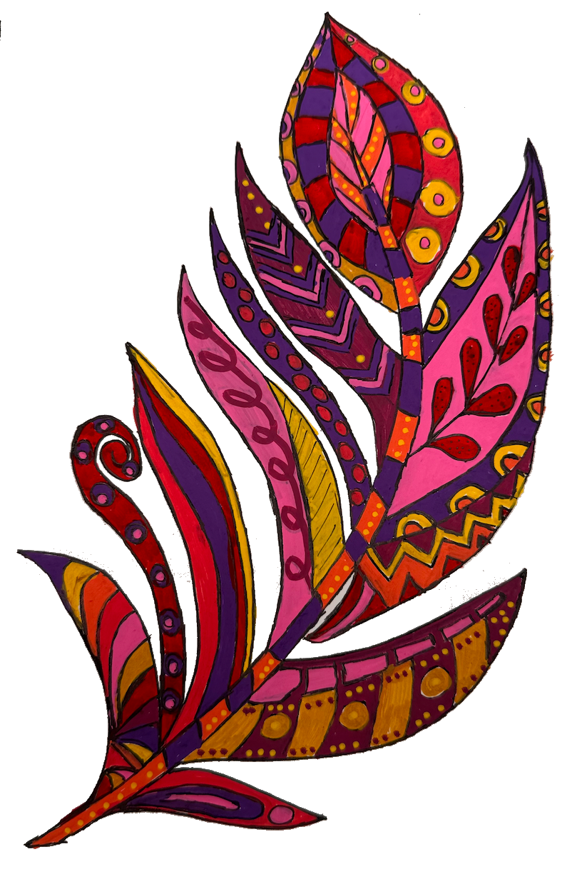 Feather design in red and peach made with POSCA PC-5M Warm Sunset tones