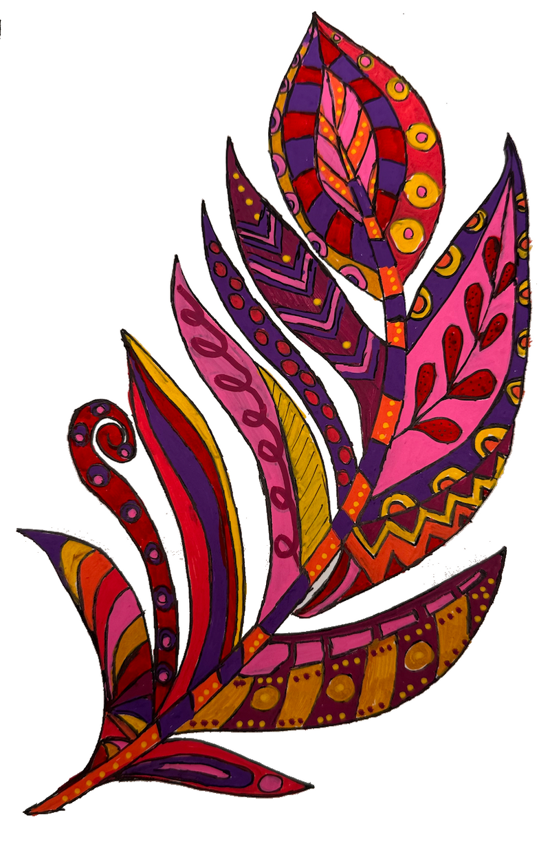Feather design in red and peach made with POSCA PC-5M Warm Sunset tones