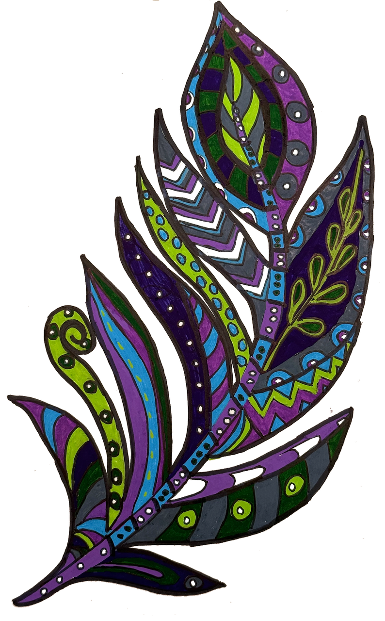 Feather illustration on white paper made with POSCA PC-5M winter tones