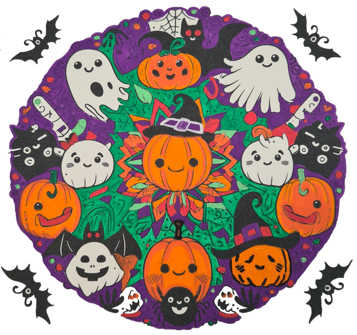 Circular illustration of pumpkins and bats coloured with POSCA PC-5M Halloween tones