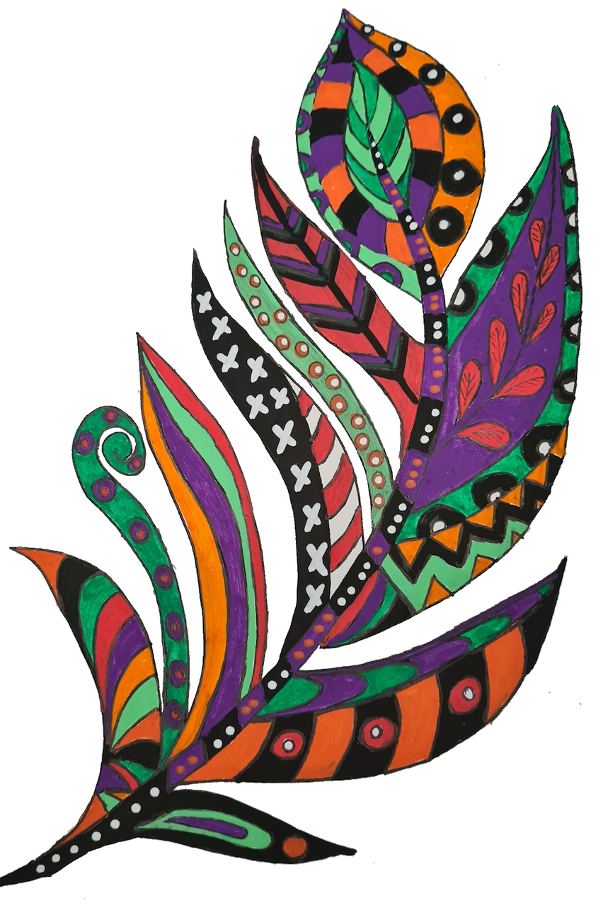 Feather design in black, green and orange drawn with POSCA PC-5M Halloween tones