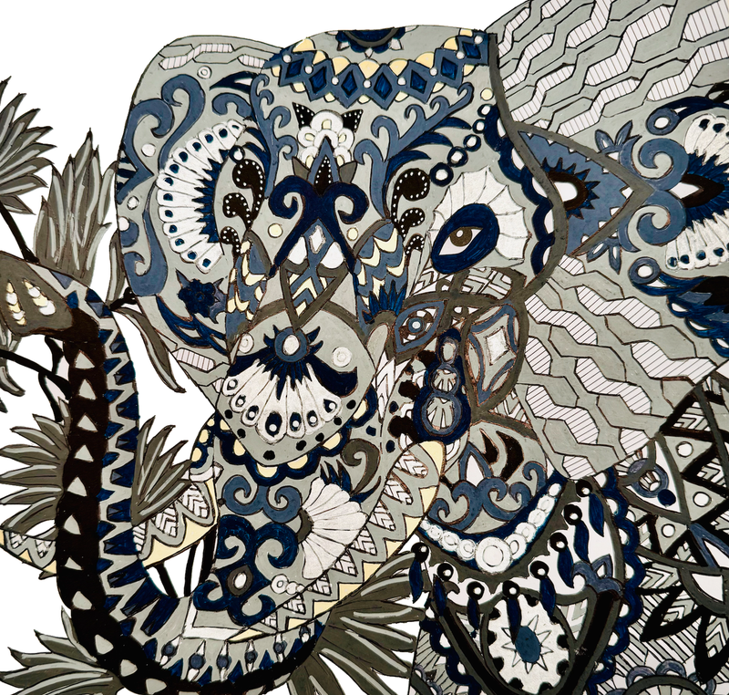 Greyscale elephant illustration on canvas made with POSCA PC-5M monotone markers