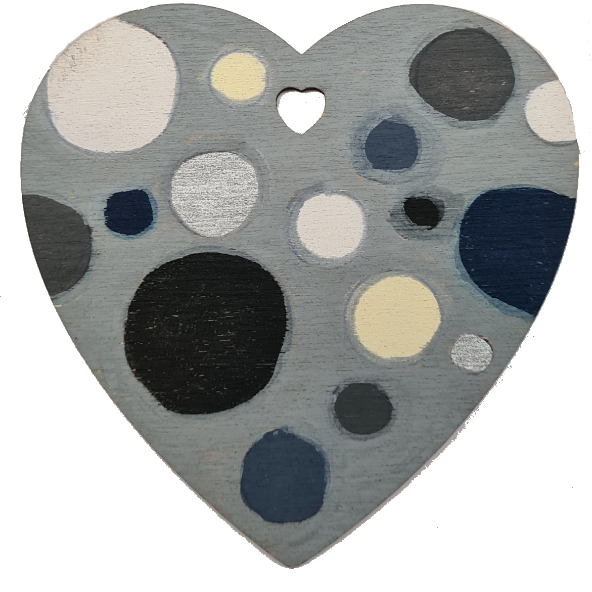 Painted wooden heart with greyscale polka dots made with POSCA PC-5M monotone markers