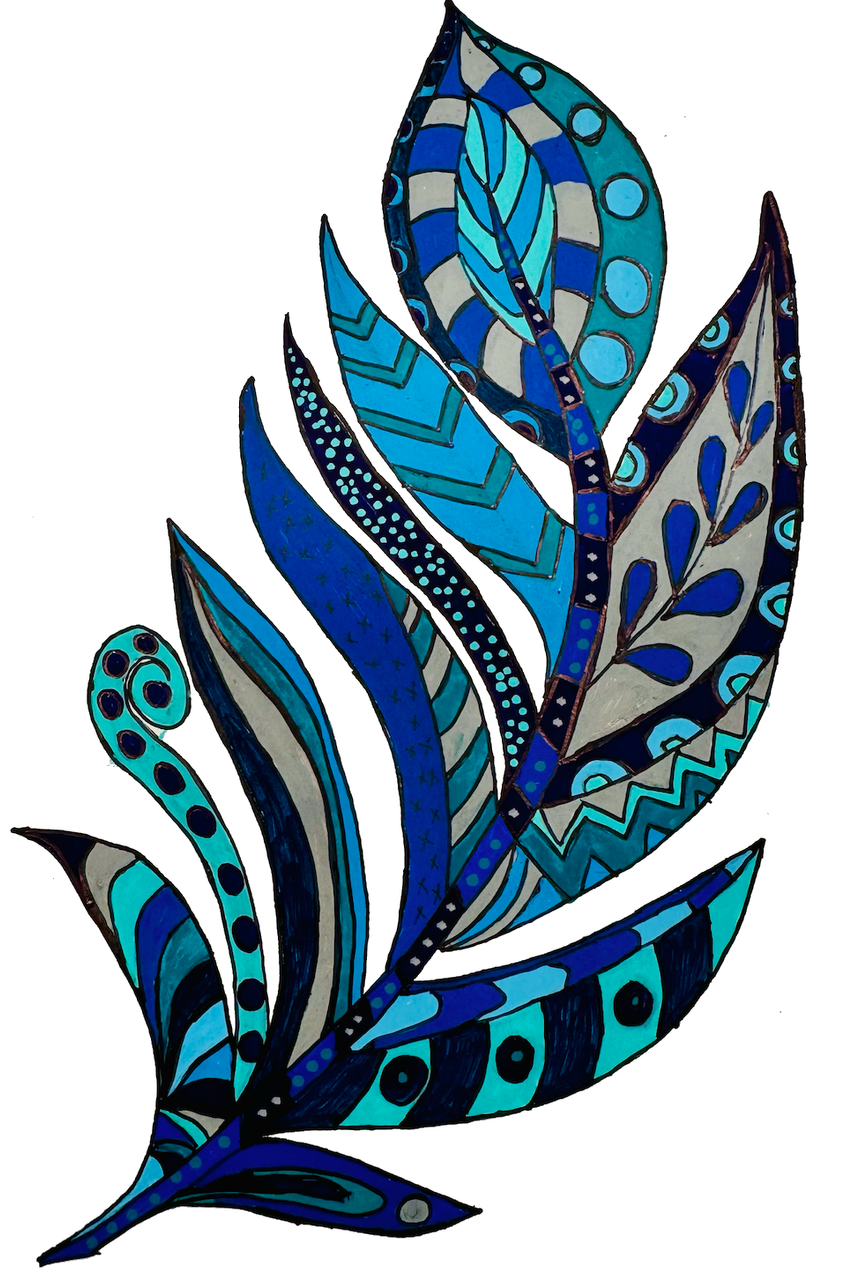 Feather illustration coloured with POSCA PC-5M cool colour tones