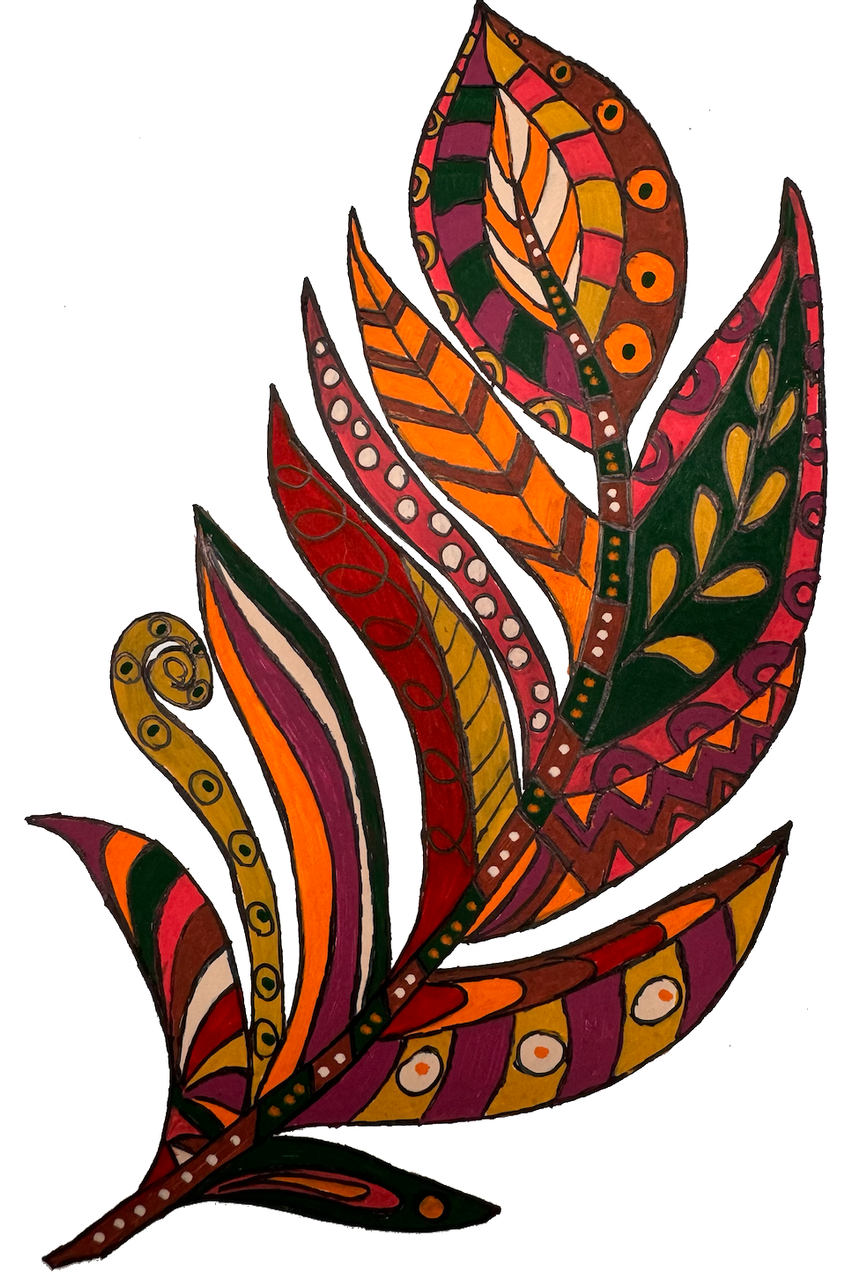 Feather design in orange, brown and red made with POSCA PC-5M autumn tones